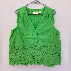 Maeve Anthropologie Beryl Eyelet Swing Tank Top Large Kelly Green Ruffle Sleeve